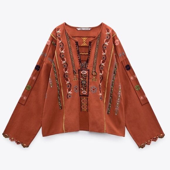 Zara Embroidered Linen Blend Shirt Top - Picture 6 of 10